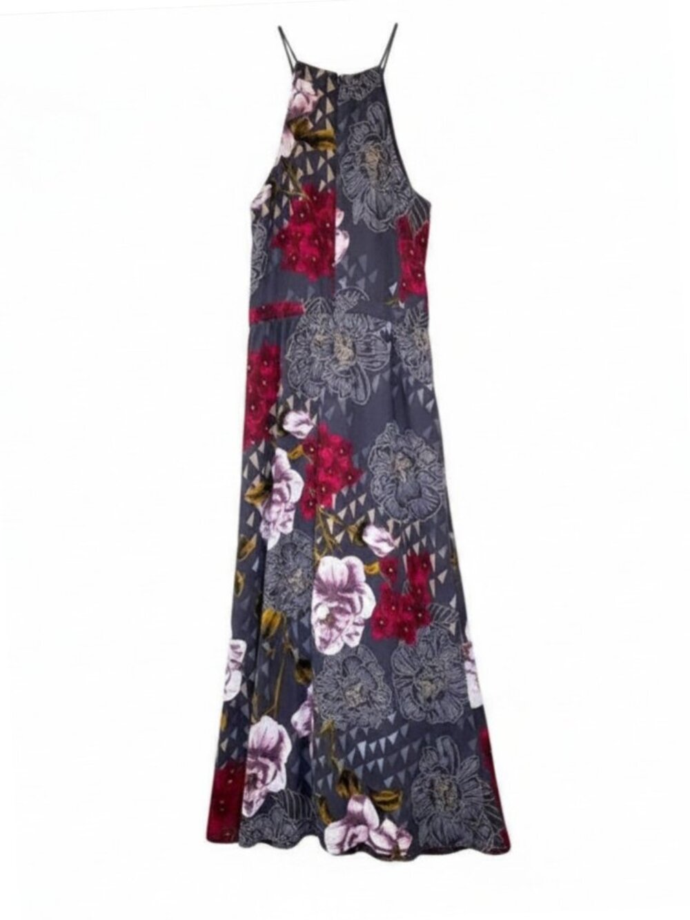 Everly Anthropologie Floral Halter Midi Dress Gray Pink Geometric Print Size S - Picture 4 of 6